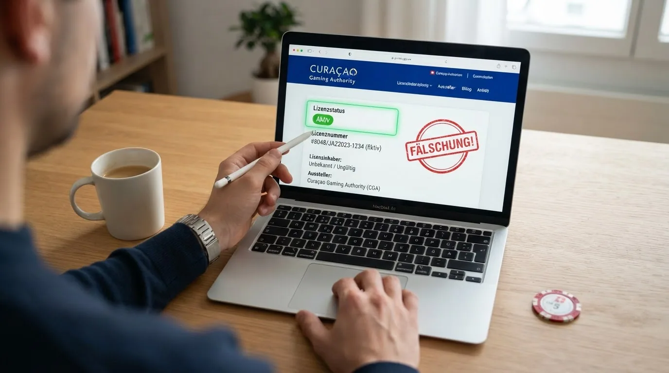 Bildschirmfoto-ähnliche Darstellung des CGA-Lizenzportals mit einer echten Lizenznummer und einem als Fälschung markierten Siegel