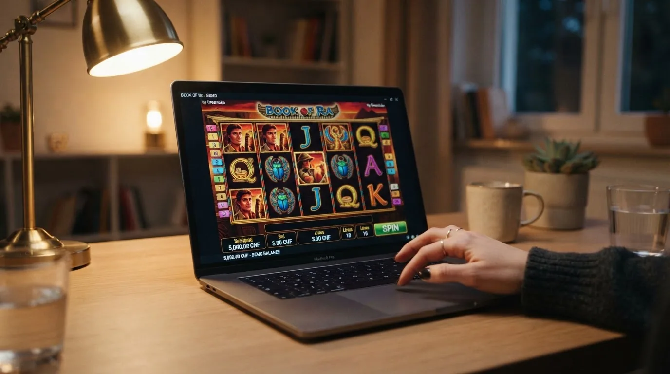 Laptop-Bildschirm mit einem Spielautomaten im Demo-Modus und sichtbarem Spielgeld-Guthaben