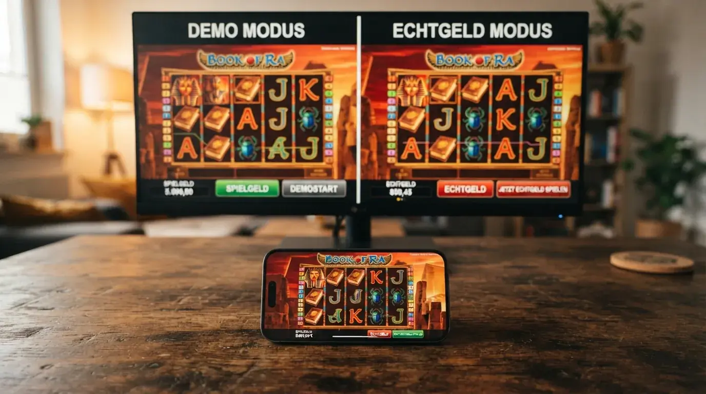 Zweigeteilter Bildschirm: linke Seite Demo-Modus mit Spielgeld-Anzeige, rechte Seite derselbe Slot im Echtgeld-Modus
