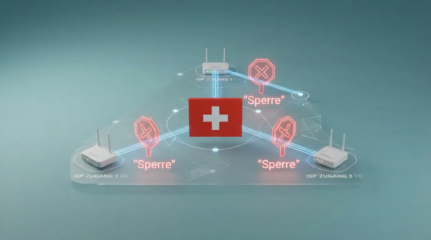 Eine Visualisierung des DNS-Blocking-Mechanismus: ein Schema, das zeigt, wie Schweizer Internetanbieter den Zugang zu nicht bewilligten Domains technisch unterbinden.