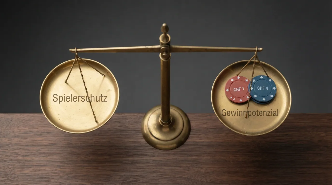 Eine Waage: Auf der linken Schale «Spielerschutz», auf der rechten «Gewinnpotenzial» — die Zunge zeigt auf die CHF-1- und CHF-4-Marken