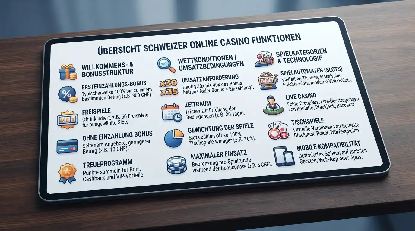 Vergleichstabelle der zehn ESBK-lizenzierten Schweizer Online-Casinos mit Bonus und Anbieter-Details