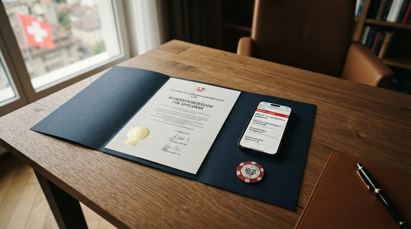Offizielles ESBK-Logo neben dem Schweizer Bundesbrief — Symbol für regulierte Glücksspielaufsicht