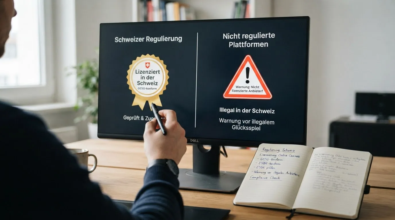 ESBK-Logo und Ausschnitt aus dem Geldspielgesetz neben einer Visualisierung «Lizenziert vs. Offshore»