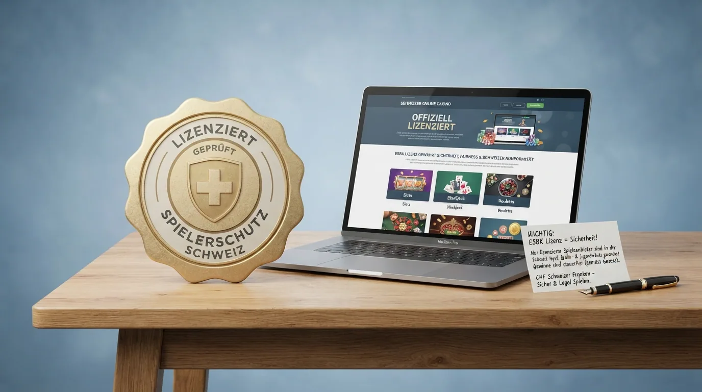 Das ESBK-Logo oder ein stilisiertes Schweizer Gesetzesbuch neben einem Bildschirm mit Casino-Oberfläche, geteilter Hintergrund (lizenziert/dunkel vs. offshore/rot)