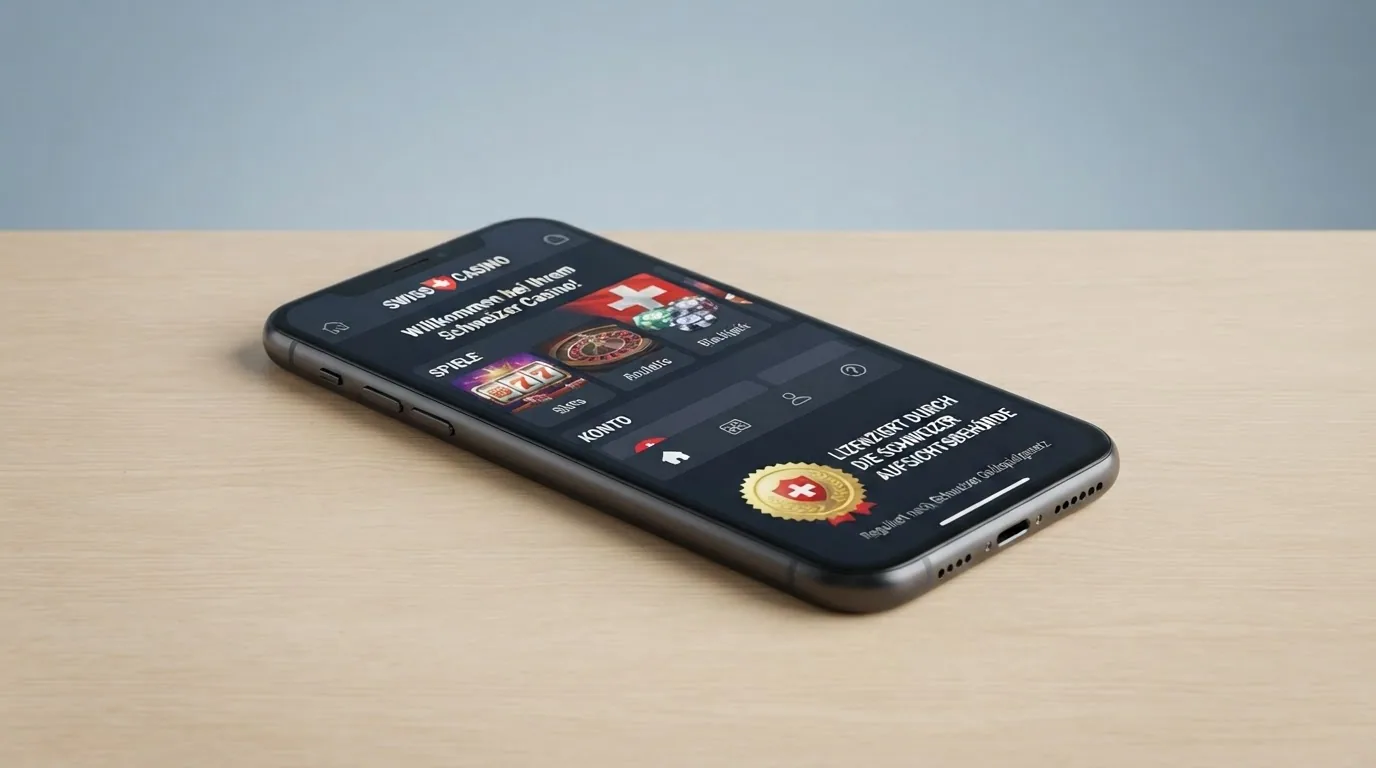 Offizielles ESBK-Logo neben einem Smartphone mit dem Hinweis «Konzessioniert durch die Eidgenössische Spielbankenkommission» und Schloss-Symbol