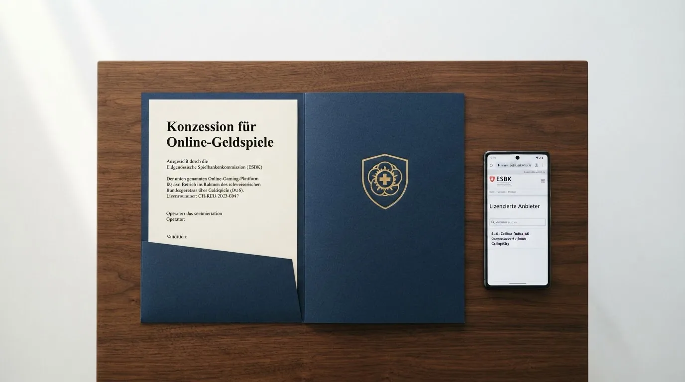 Das offizielle ESBK-Logo auf einer Dokument-Mappe, daneben das Schweizer Bundeswappen auf einem Gesetzestext