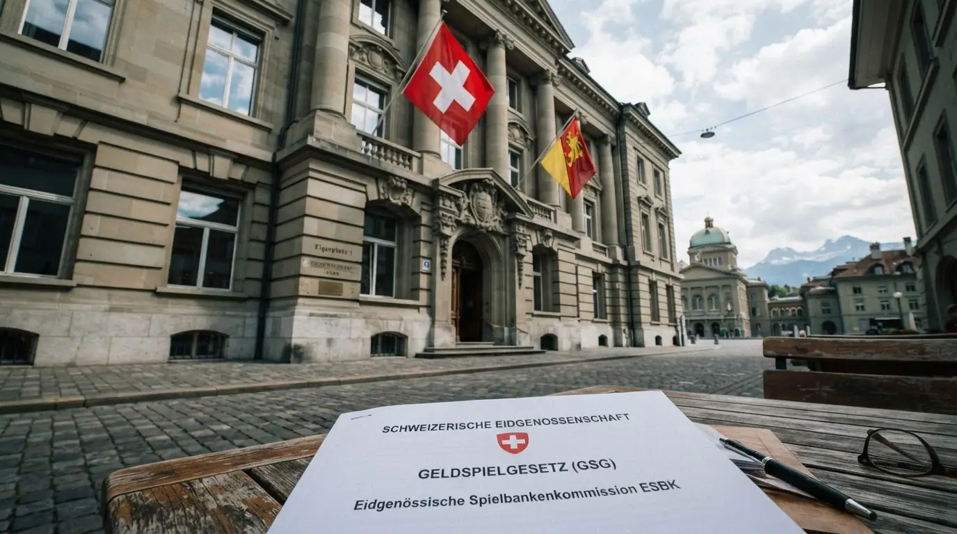 Offizielles Gebäude der Eidgenössischen Spielbankenkommission oder das Schweizer Wappen auf einem Dokument mit dem Schriftzug «Geldspielgesetz»
