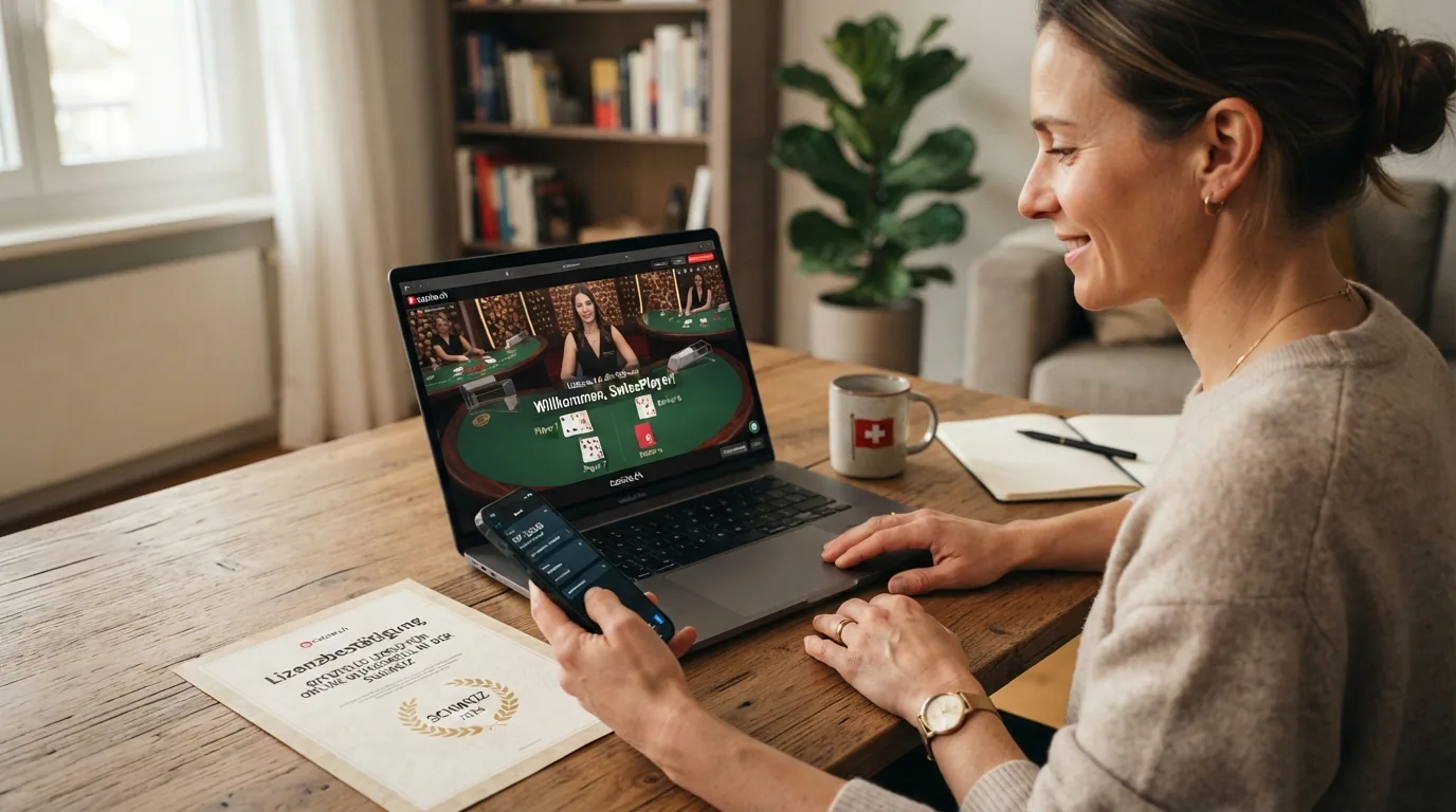 Offizielles Logo der ESBK mit Schweizerkreuz und Schriftzug im Hintergrund eines Casino-Interfaces