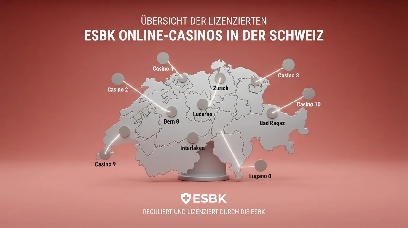 Eine stilisierte Übersicht der zehn ESBK-lizenzierten Online-Casinos mit ihren Logos und den dazugehörigen landbasierten Spielbanken.