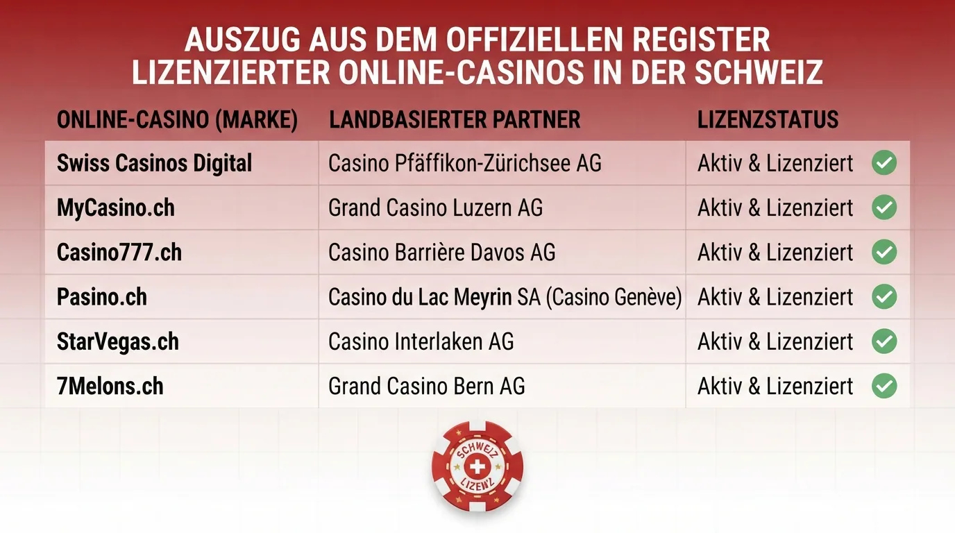 Auszug aus dem öffentlichen ESBK-Register der konzessionierten Online-Spielbanken