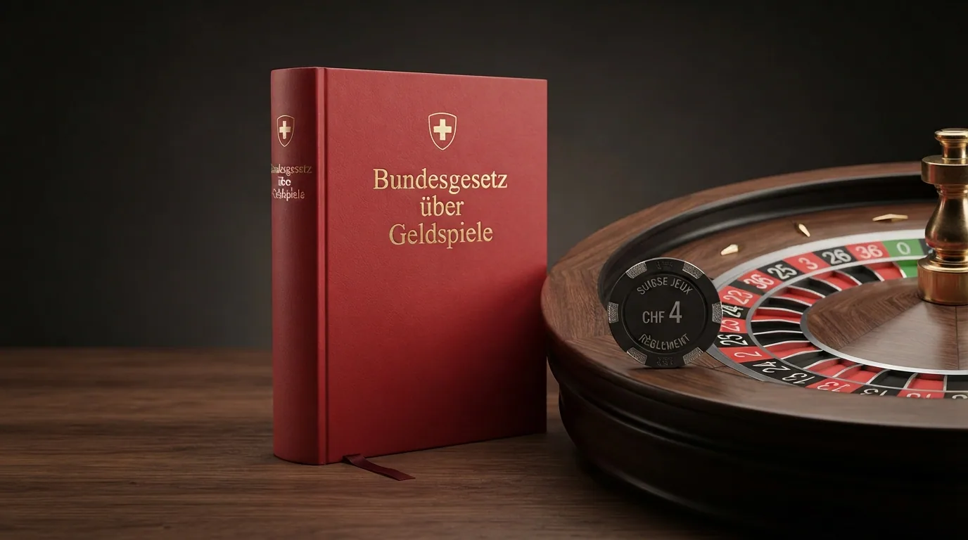 Stilisiertes Schweizer Gesetzbuch neben einem Roulette-Kessel mit auf «4» gesetztem Chip — die Zahl steht für das CHF-4-Einsatzlimit