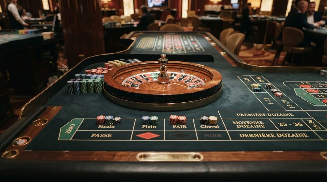 Ein europäischer Roulette-Tisch mit einer Null, Chips auf dem Setzfeld verteilt
