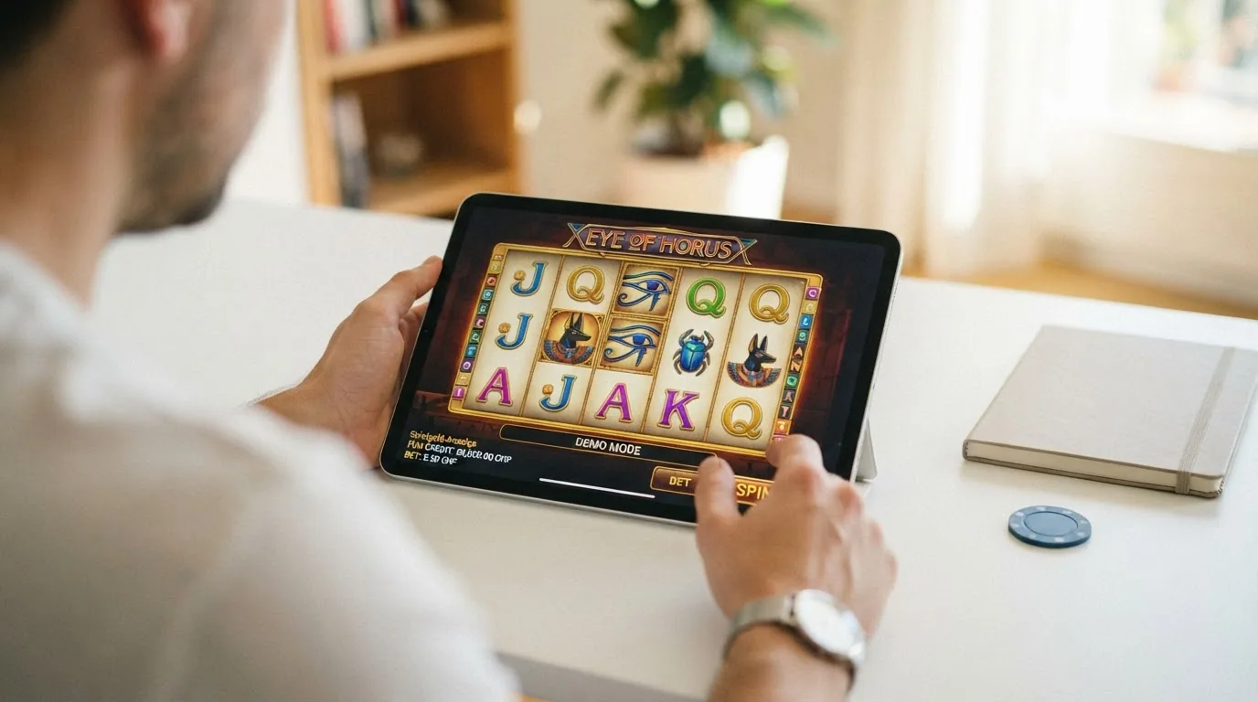 Ein Bildschirm des Eye of Horus-Demo-Modus mit Spielgeld-Anzeige in CHF