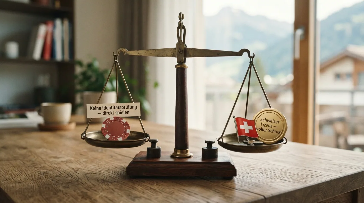 Eine Waage: Auf der einen Seite «Kein KYC — sofort spielen», auf der anderen «Schweizer Lizenz — voller Schutz» — die Schweizer Seite wiegt schwerer