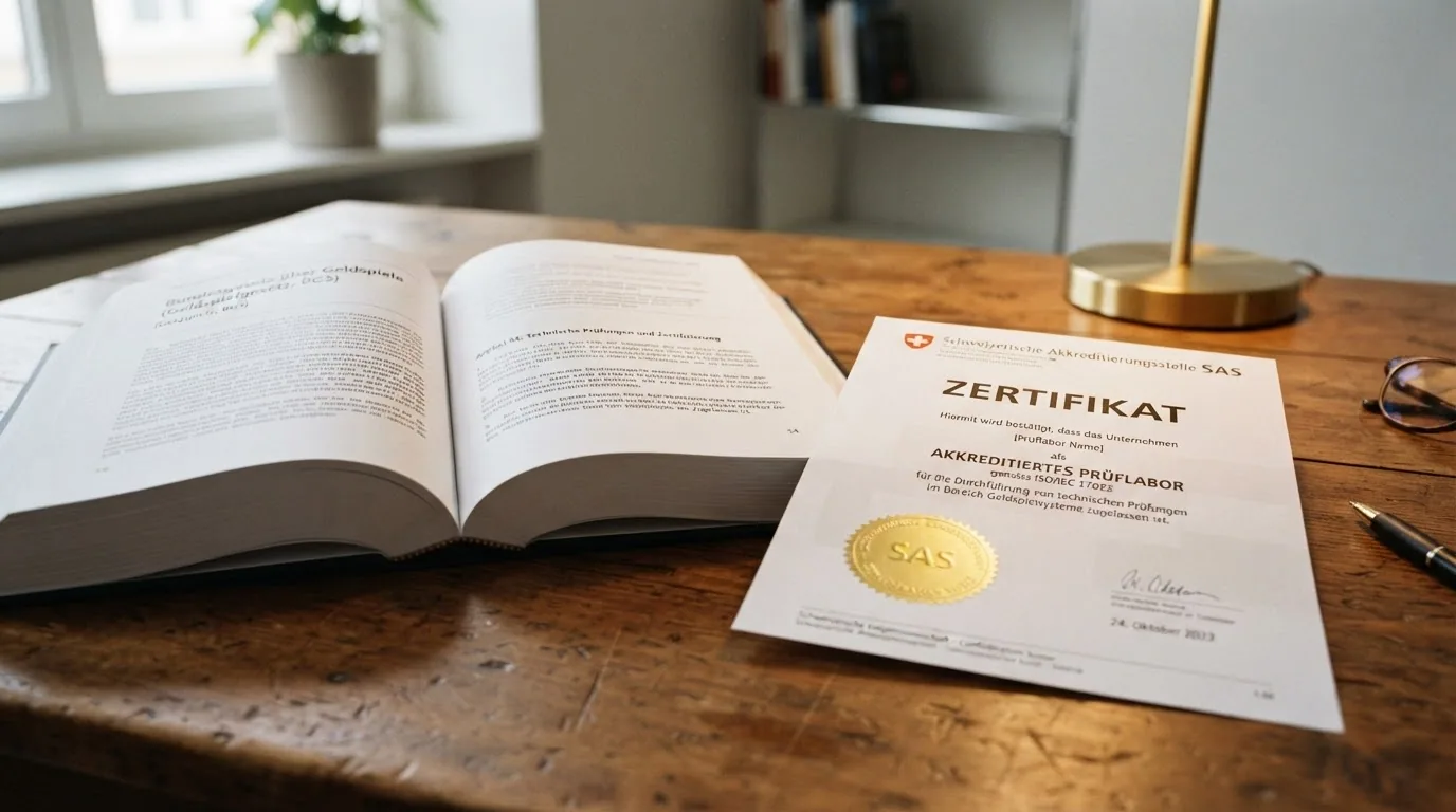Aufgeschlagenes Gesetzbuch neben einem Zertifikat mit Siegel und der Aufschrift «Akkreditiertes Prüflabor»