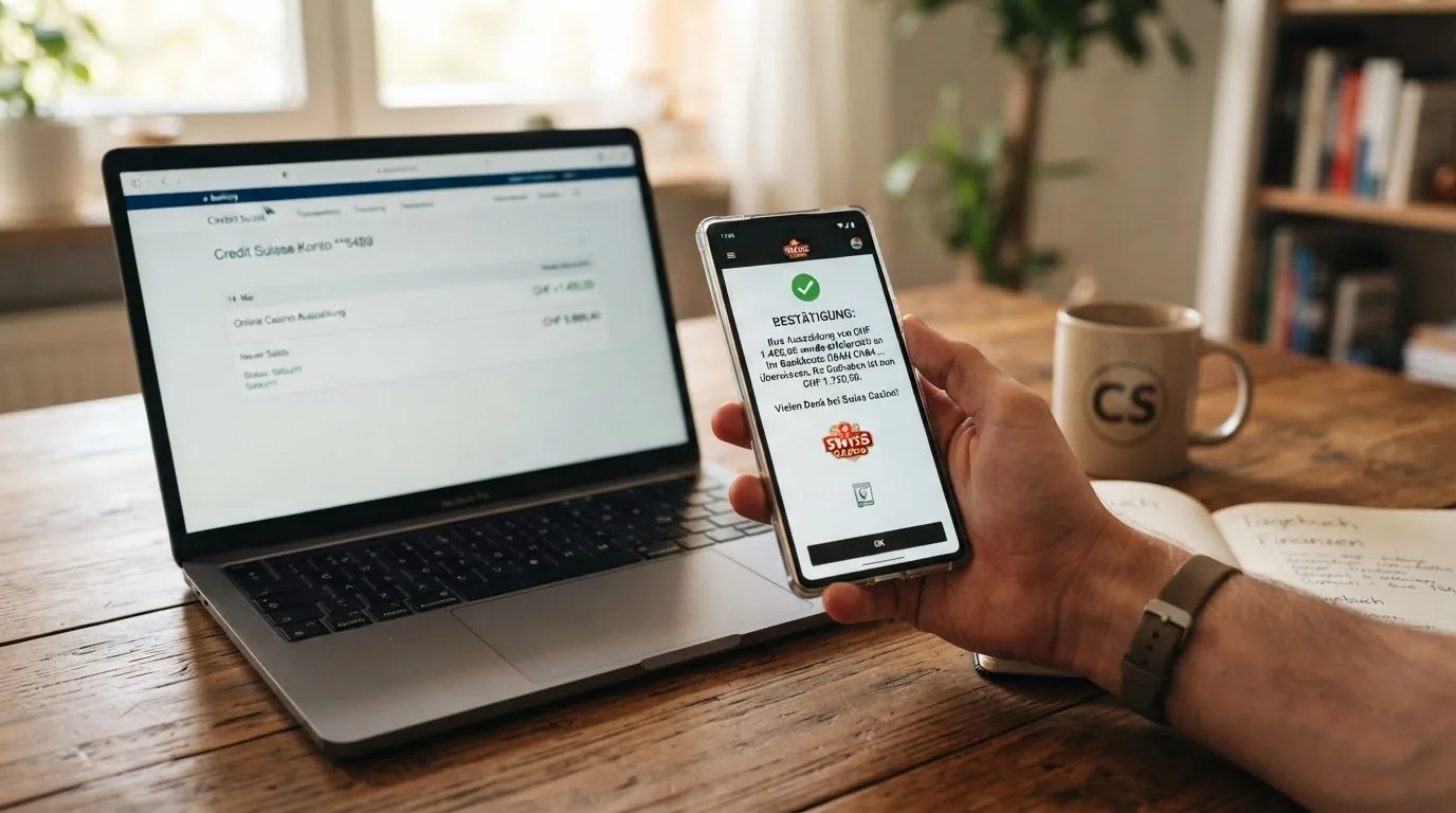 Auszahlungsbestätigung in der Casino-App und Schweizer E-Banking-Ansicht nebeneinander