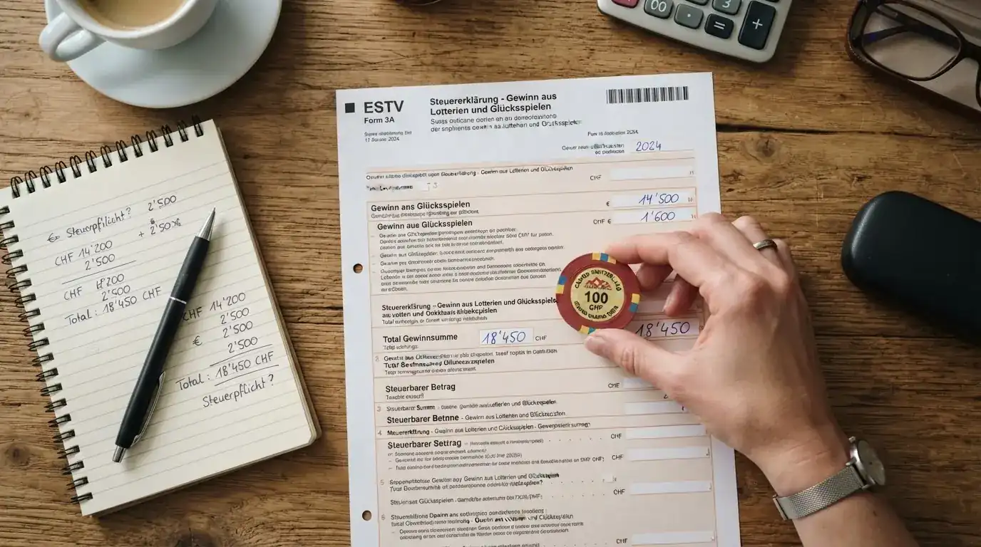 Eine Steuererklärung mit einem Taschenrechner, daneben CH-Banknoten und ein Fragezeichen über ausländischen Casino-Chips
