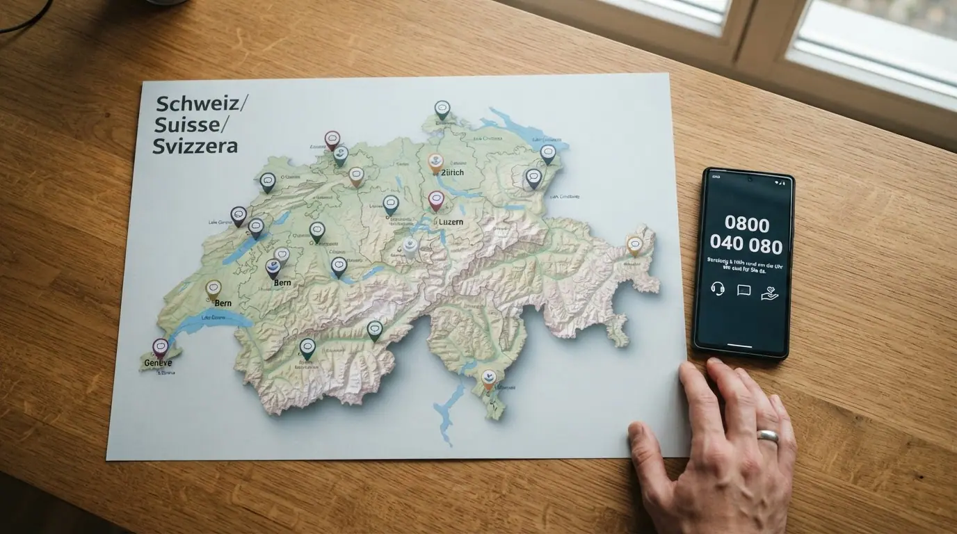 Eine Karte der Schweiz mit Pins für regionale Beratungsstellen, daneben die Helpline-Nummer 0800 040 080 und Logos von SOS Spielsucht und SafeZone