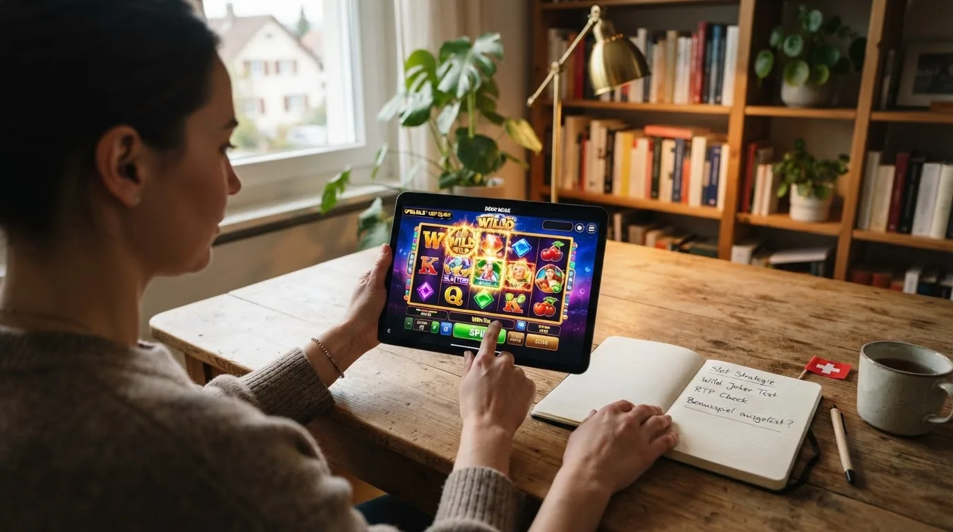 Eine Hand hält ein Tablet, auf dem ein Jackpot-Slot im Demo-Modus mit Spielgeld-Guthaben läuft