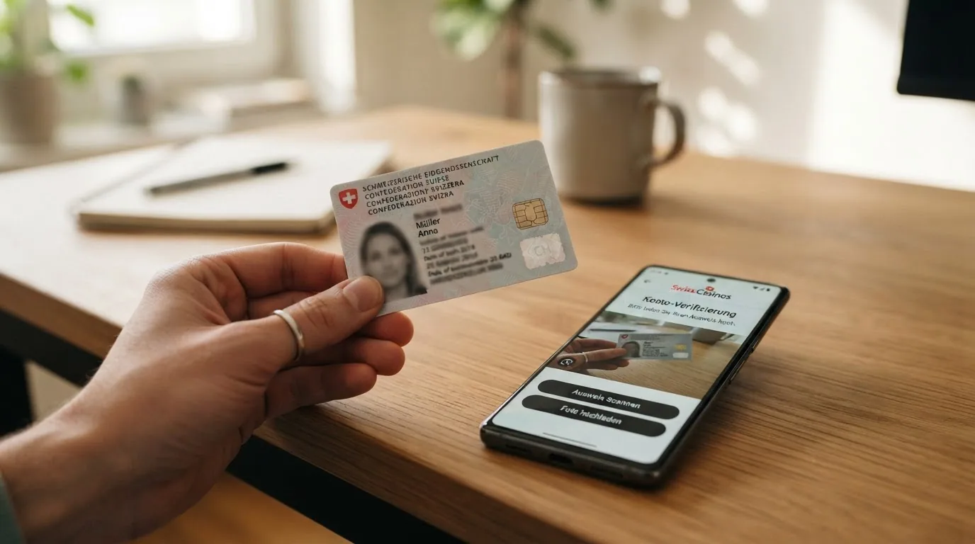 Smartphone mit geöffneter Casino-App zeigt den Verifizierungsdialog «Ausweis hochladen»
