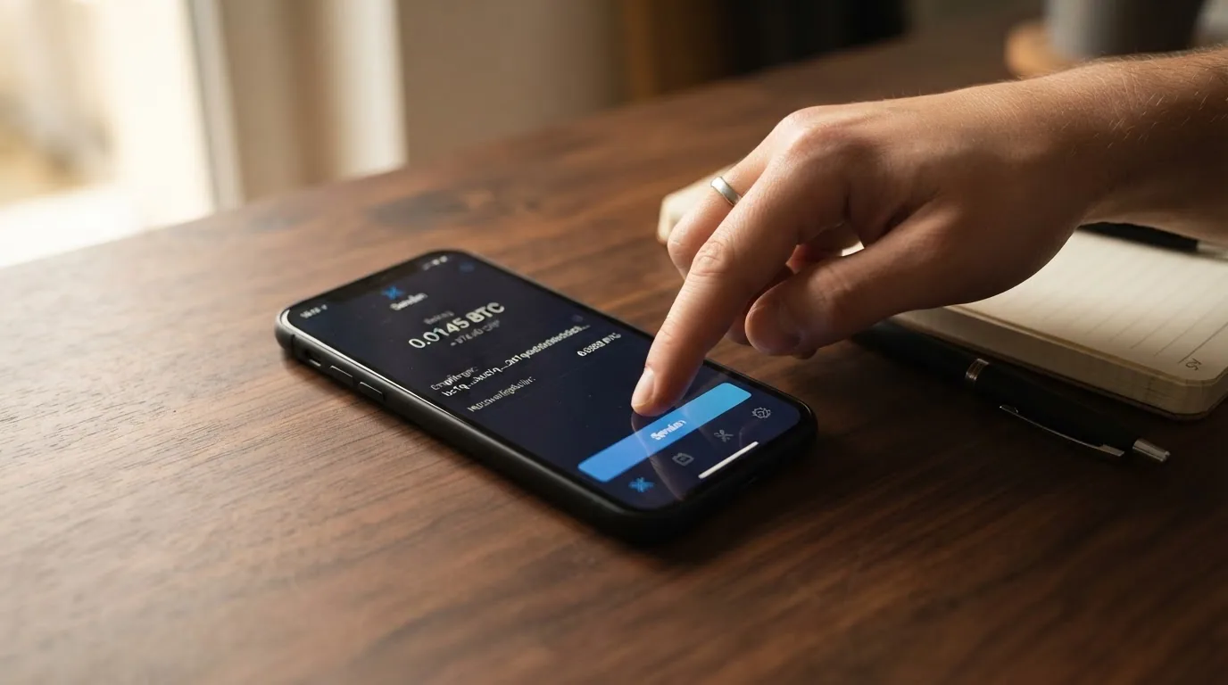 Eine Bitcoin-Wallet auf dem Smartphone-Bildschirm, daneben das CGA-Logo mit dem Stichwort «On-Chain-Überwachung»