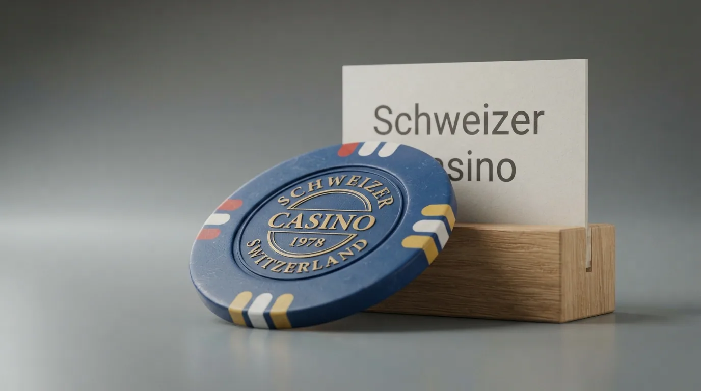 Eine Bitcoin-Münze vor einem durchgestrichenen Schweizer Casino-Schild