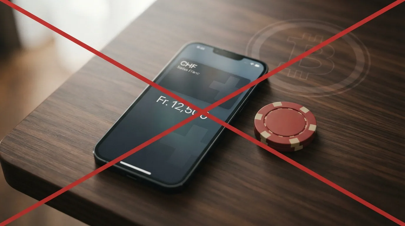 Smartphone mit geöffneter Bitcoin-Wallet-App neben einem durchgestrichenen Casino-Chip, visuelle Metapher für die Schweizer Krypto-Sperre