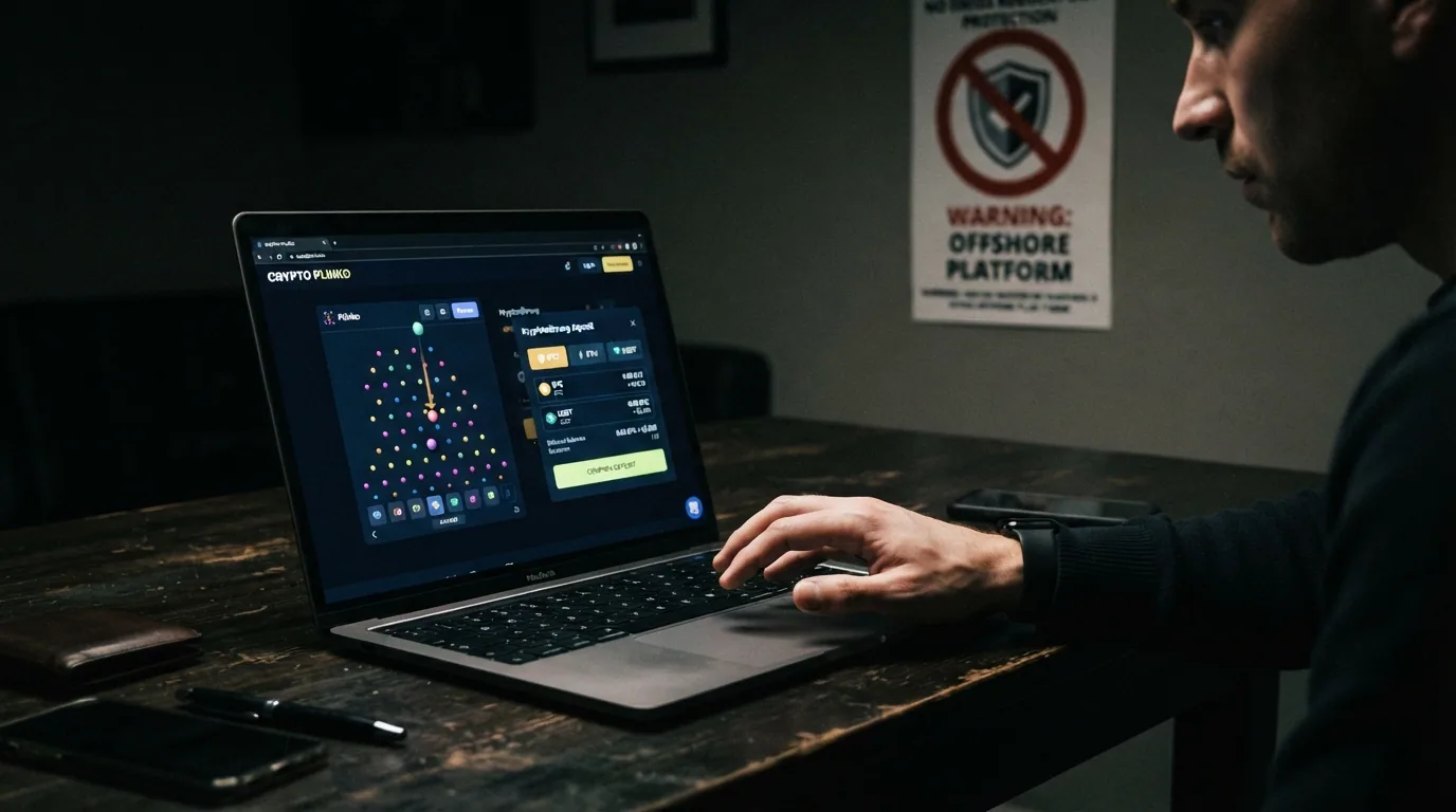Screenshot eines Krypto-Casinos mit Bitcoin-Einzahlungsdialog neben einem Plinko-Spielfeld, durchgestrichenes ESBK-Logo als Warnsymbol
