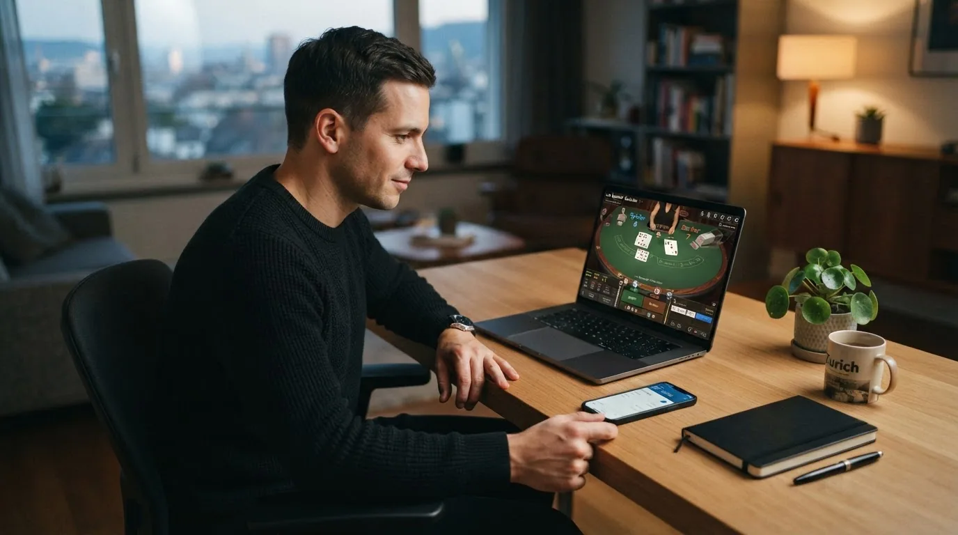 Spieler am Laptop mit geöffnetem Live-Baccarat-Tisch in ruhiger, heller Wohnumgebung