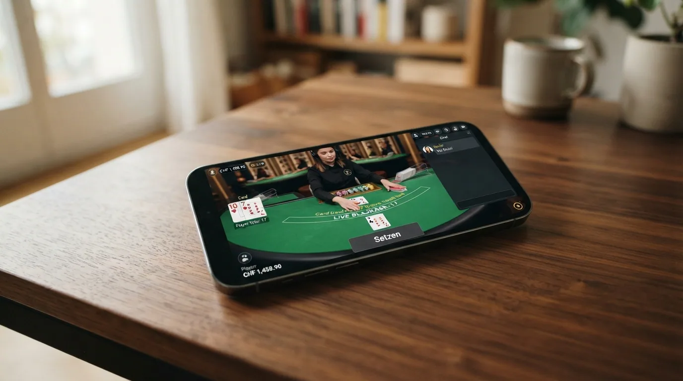 Laptop- oder Tablet-Bildschirm mit geöffneter Live-Blackjack-Partie, Chat-Fenster und Einsatz-Buttons sichtbar