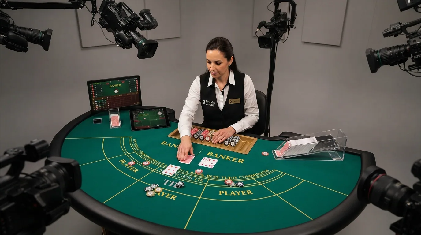Evolution-Gaming-Studio mit mehreren Baccarat-Tischen, Kameras und Dealern in Aktion
