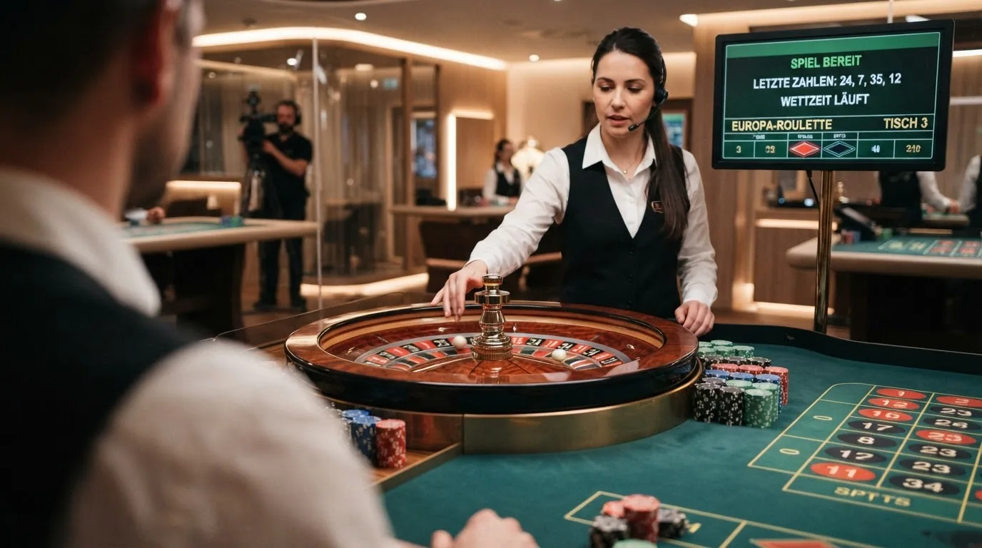Ein Live-Croupier an einem Roulette-Tisch in einem professionellen Casino-Studio, Bildschirm zeigt die Wettoptionen in deutscher Sprache