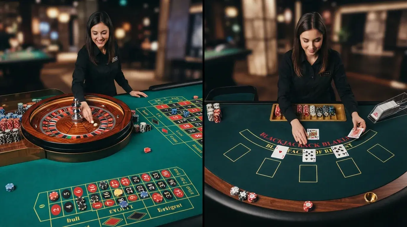 Ein Live-Roulette-Tisch aus der Vogelperspektive, ein Croupier dreht das Rad, auf einem zweiten Bildschirm daneben ein Blackjack-Tisch