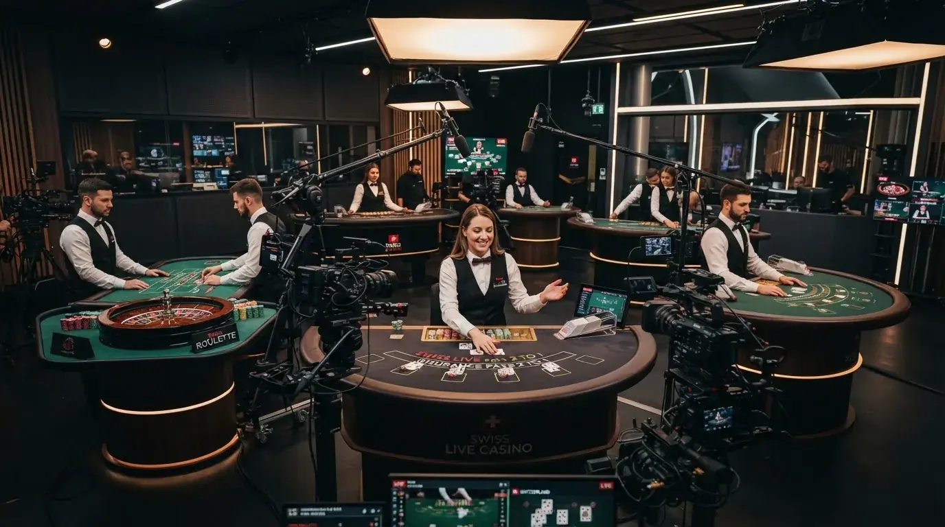 Blick in ein professionelles Live-Casino-Studio mit mehreren Spieltischen, Beleuchtung und Kamera-Rig