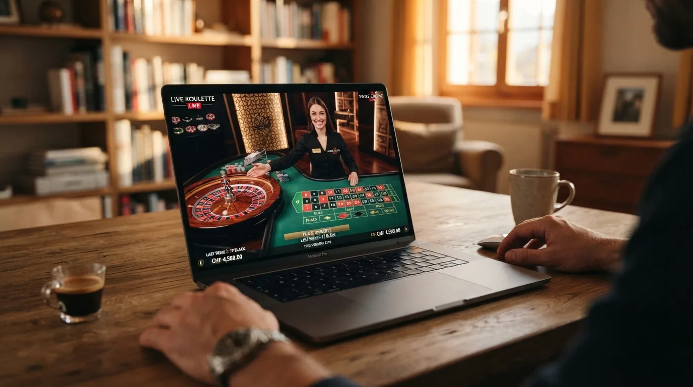 Live-Dealer-Tisch mit Croupier vor einem Evolution-Gaming-Hintergrund