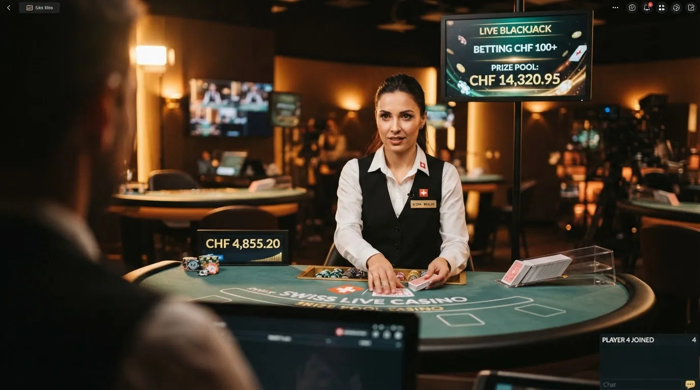 Ein Live-Dealer-Tisch mit Jackpot-Anzeige auf einem zweiten Bildschirm, Karten und Chips im Vordergrund