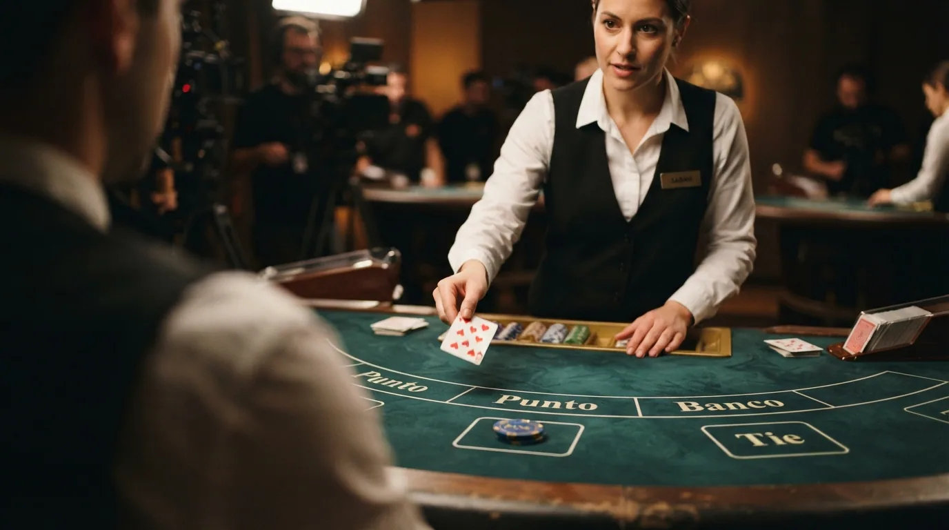 Live-Croupier an einem Baccarat-Tisch, der Karten aus einem Kartenschlitten zieht, per Videoübertragung auf den Bildschirm gestreamt