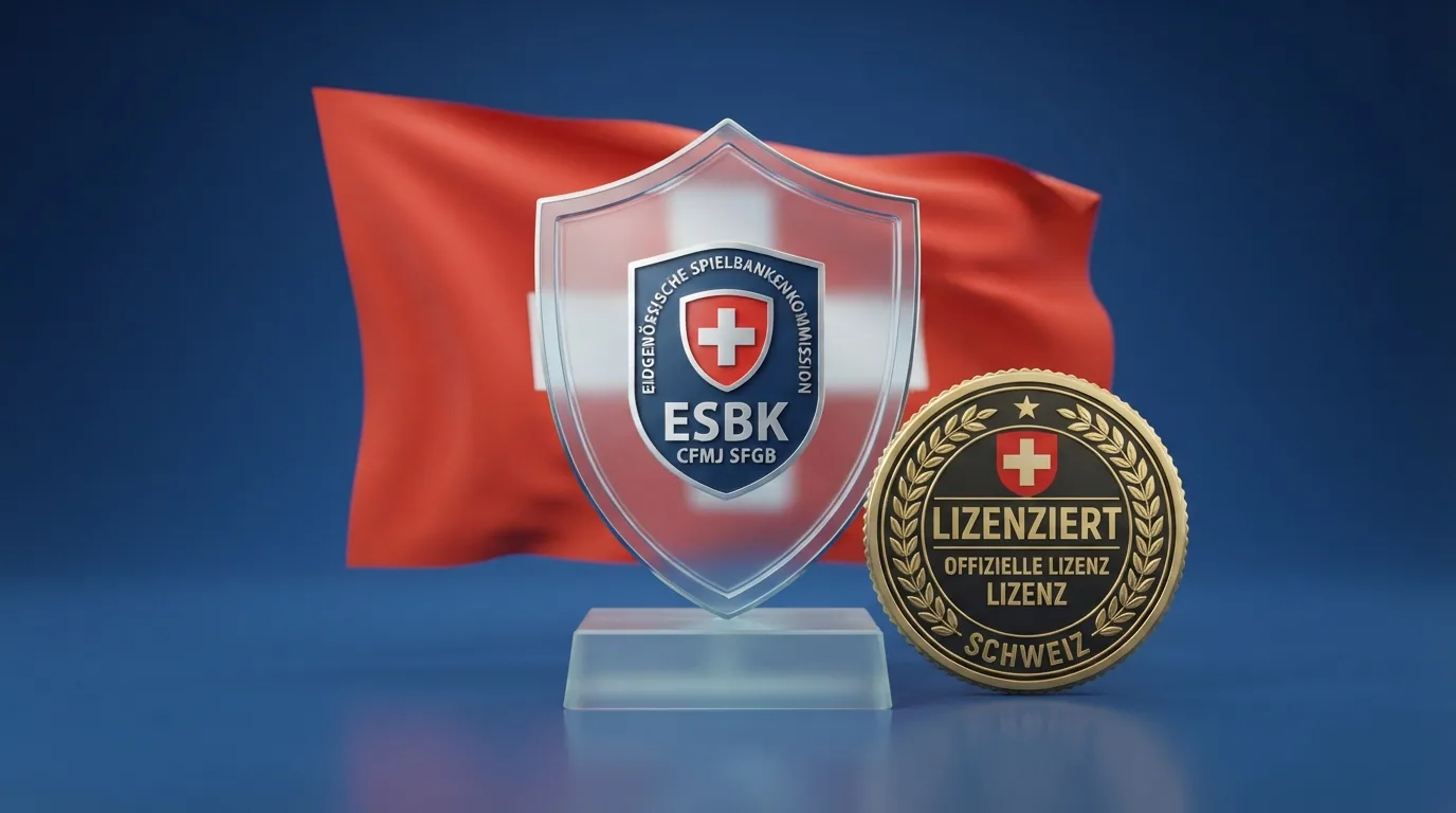 Offizielles ESBK-Logo neben Schweizer Flagge, im Hintergrund ein Auszug aus dem Geldspielgesetz (BGS)