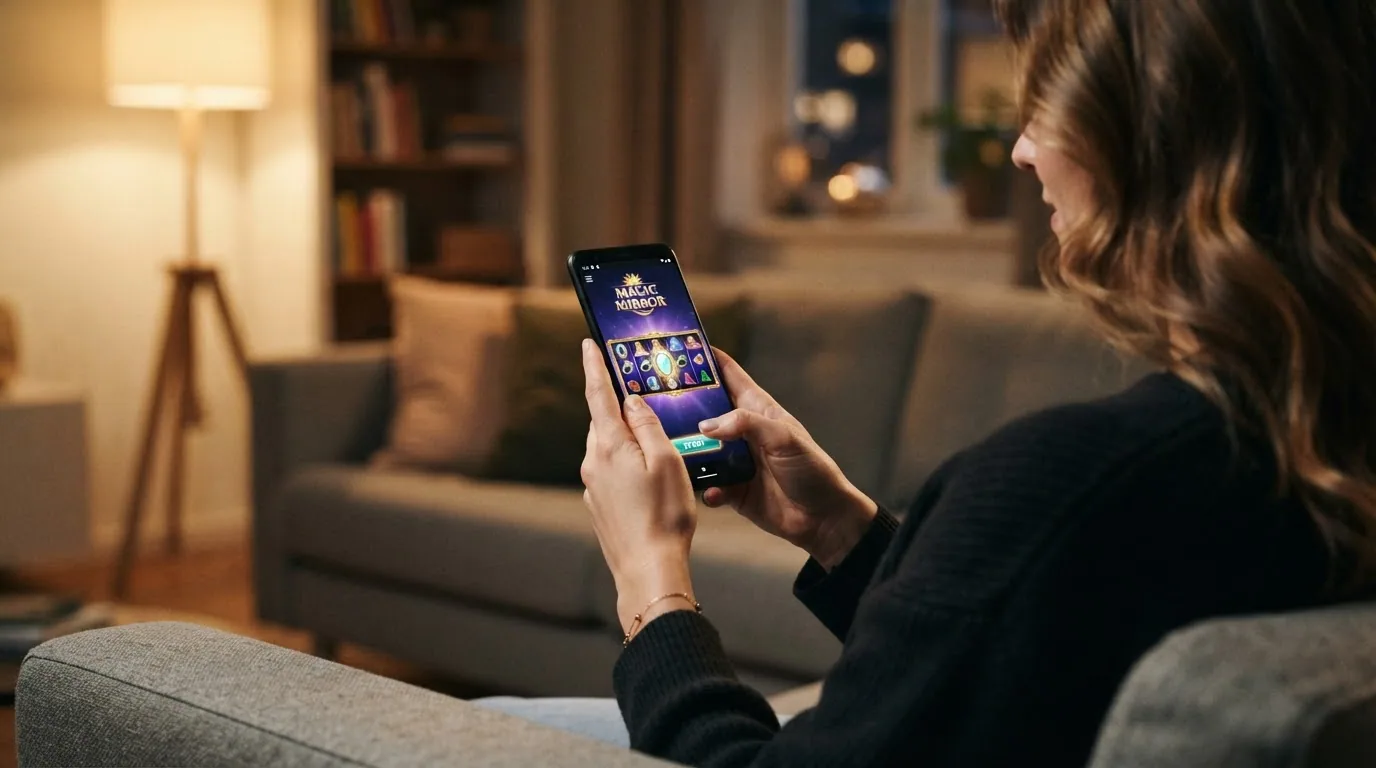 Smartphone in der Hand mit geöffneter Merkur-Casino-App, Spielautomat auf dem Display