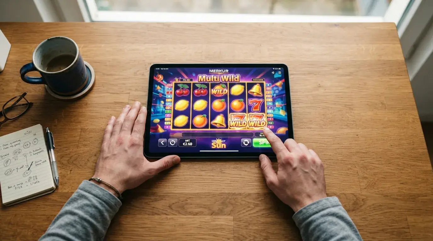 Demo-Modus eines Merkur-Slots auf einem Tablet-Bildschirm mit Spielgeld-Anzeige