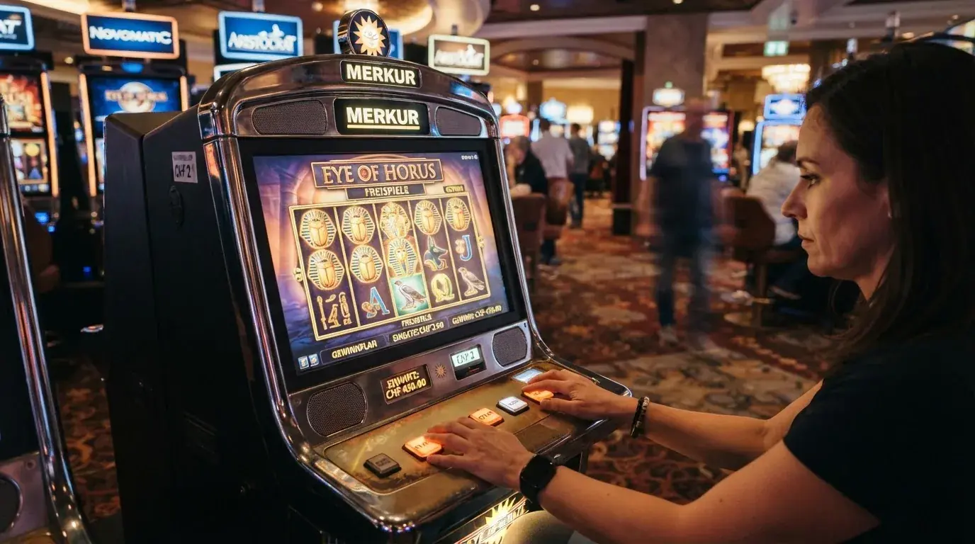 Bildschirmansicht des Merkur-Spielautomaten Eye of Horus mit altägyptischem Design und Freispiel-Feature