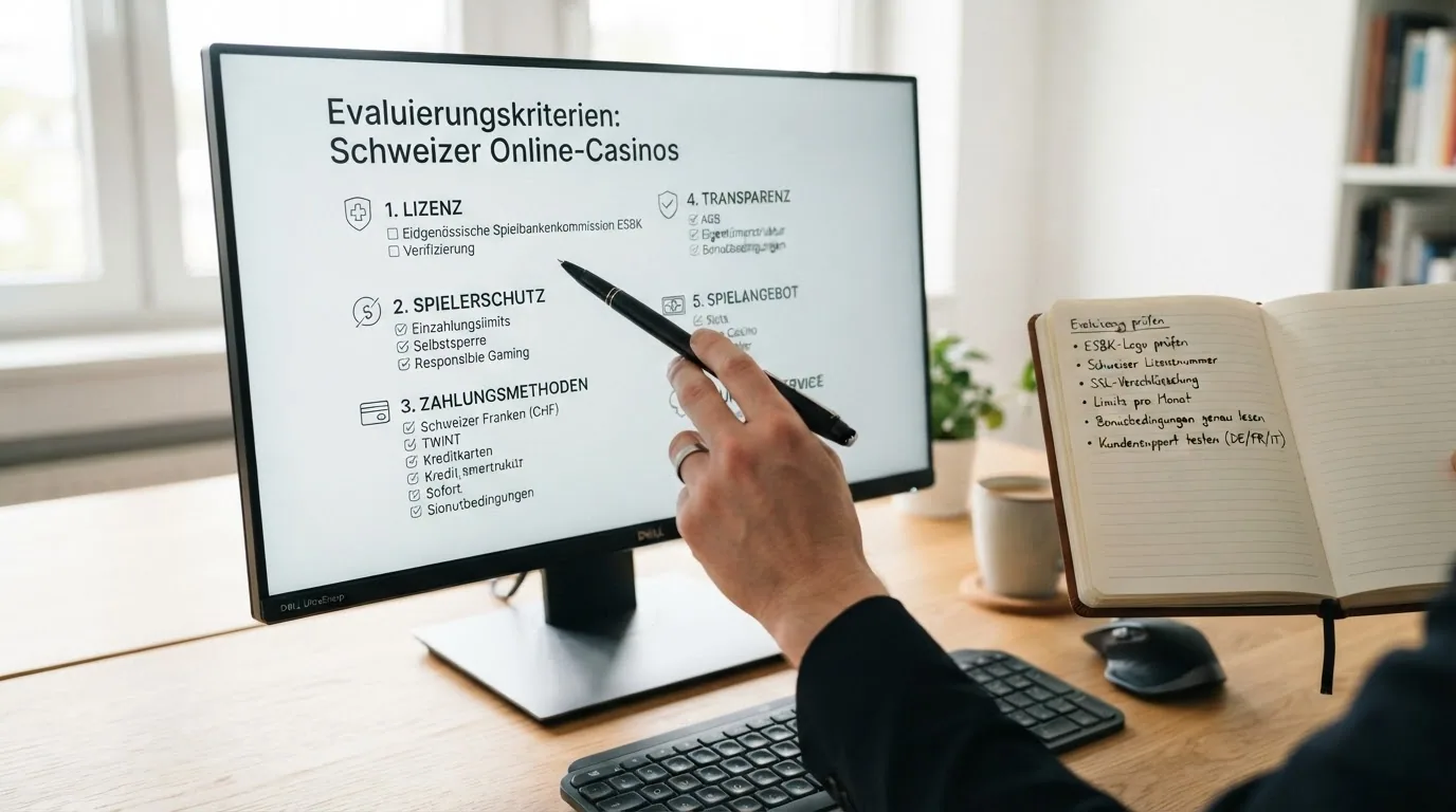 Checkliste mit den Bewertungskriterien Lizenz, Spielerschutz, Zahlungsmethoden und Transparenz auf einem Bildschirm