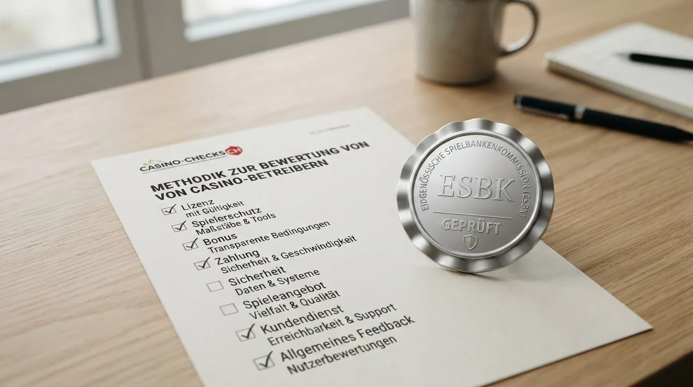 Eine Checkliste mit abgehakten Punkten: Lizenz, Spielerschutz, Bonus, Zahlung — daneben das ESBK-Register-Logo