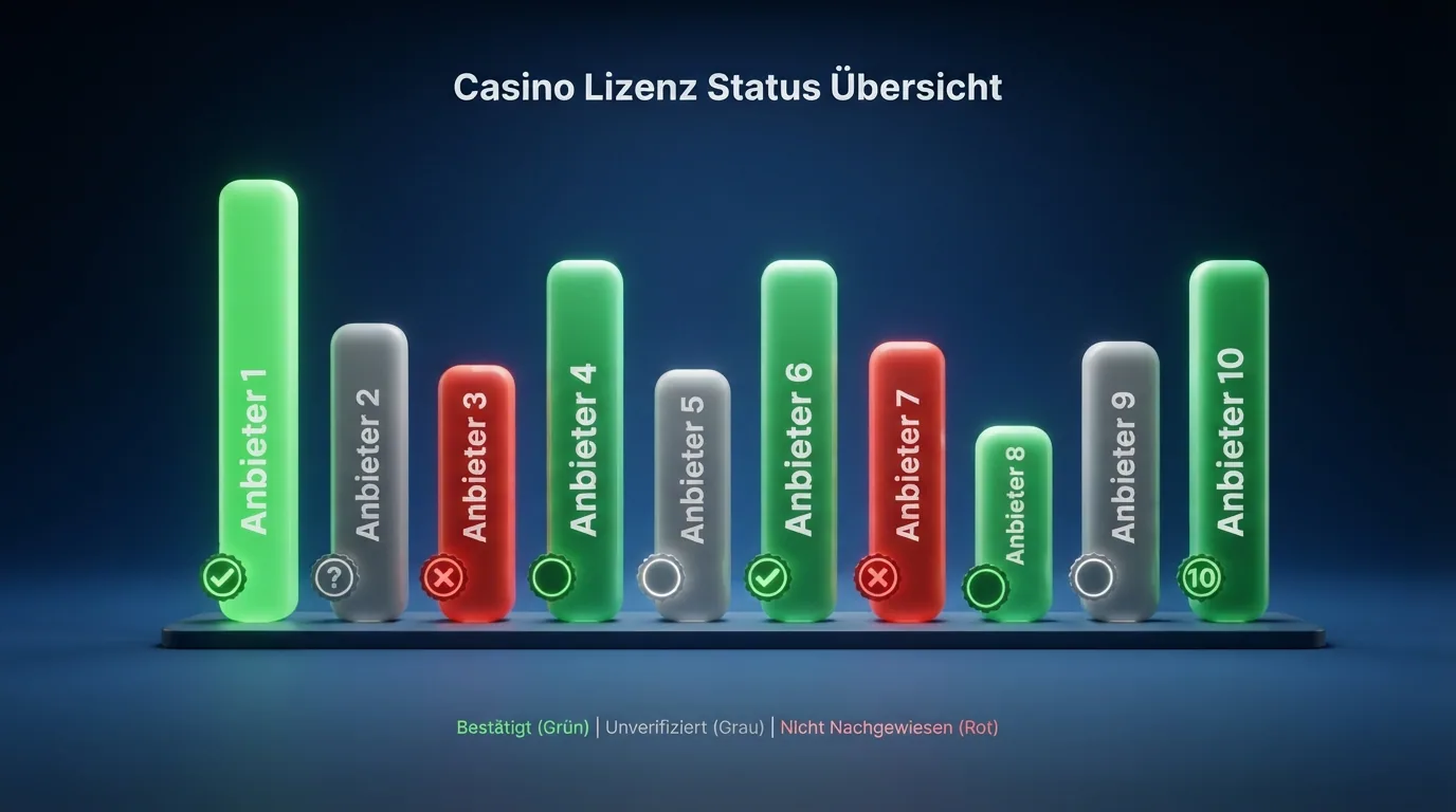 Eine tabellarische Übersichtsgrafik mit Operator-Namen und Status-Icons für MGA-Lizenz: grüner Haken bei bestätigt, Fragezeichen bei unklar, rotes Kreuz bei nicht nachgewiesen