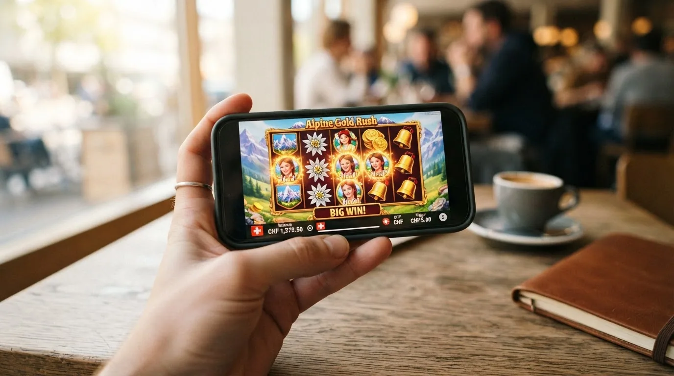 iPhone mit geöffneter Casino-Website, die einen Spielautomaten im Querformat zeigt
