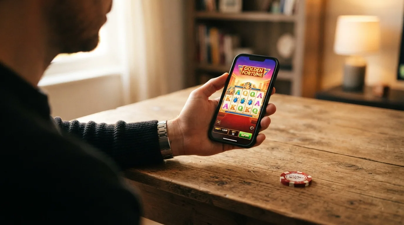 Smartphone mit geöffnetem Casino-Slot im Browser, daneben ein App-Icon mit Schweizerkreuz