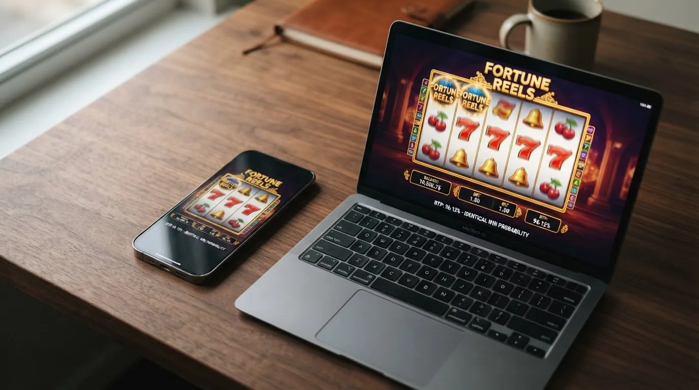 Smartphone mit laufendem Slot-Spiel, daneben ein Laptop mit demselben Spielbild — beide zeigen den gleichen RTP-Wert an