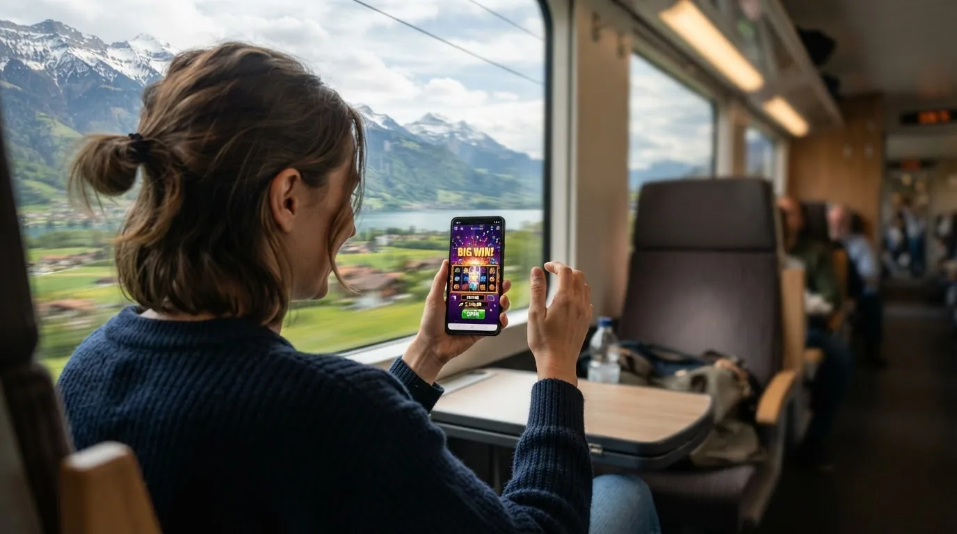 Ein Spieler hält ein Smartphone mit einer Casino-App in der Hand, im Hintergrund eine Schweizer Berglandschaft