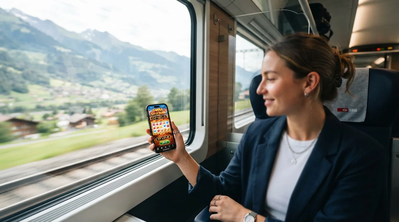 Ein Smartphone in der Hand eines Spielers, das einen Jackpot-Slot zeigt, im Hintergrund eine Zuglandschaft